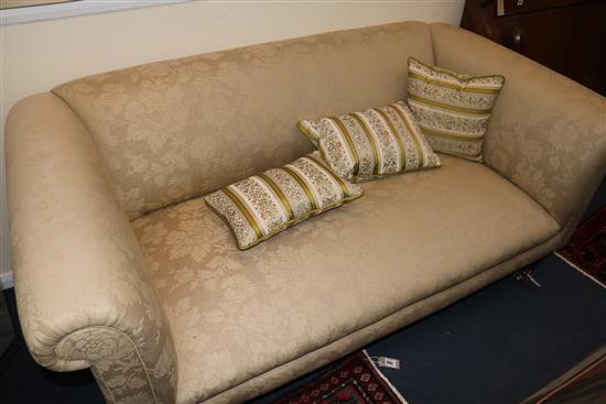 A Georgian style mahogany settee covered in brocade, 175cm wide